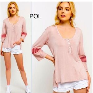#157 POL Blush Pink Button-Front Blouse with Red Striped Sleeves